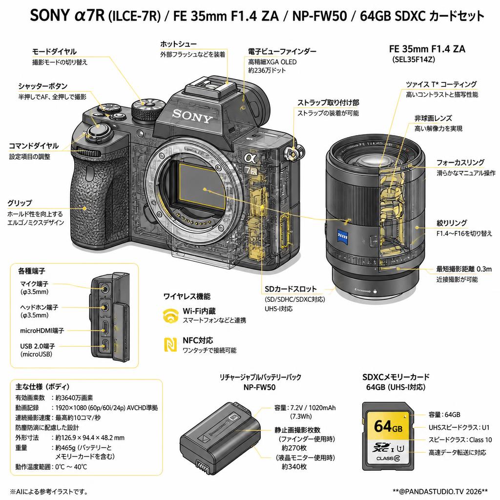 SONY α7R ILCE-7R / FE 35mm F1.4 ZA / NP-FW50 / 64GB SDXC カードセット スペック