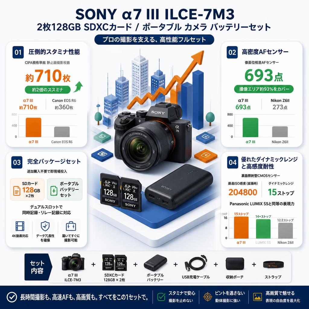 SONY α7 III ILCE-7M3 / 2枚128GB SDXC カード / ポータブル カメラ バッテリーセット セールスポイント