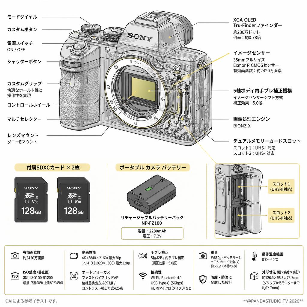 SONY α7 III ILCE-7M3 / 2枚128GB SDXC カード / ポータブル カメラ バッテリーセット スペック