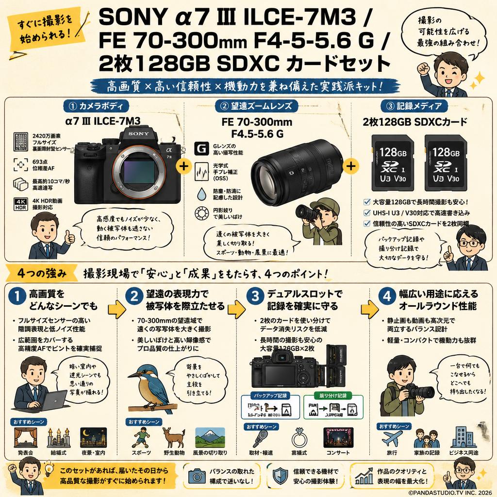 SONY α7 III ILCE-7M3 / FE 70-300mm F4.5-5.6 G / 2枚128GB SDXC カードセット 概要