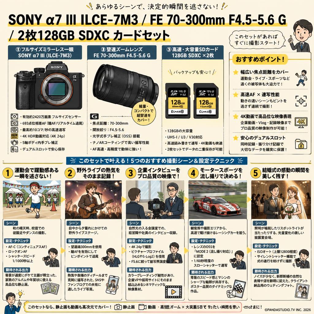SONY α7 III ILCE-7M3 / FE 70-300mm F4.5-5.6 G / 2枚128GB SDXC カードセット 用途