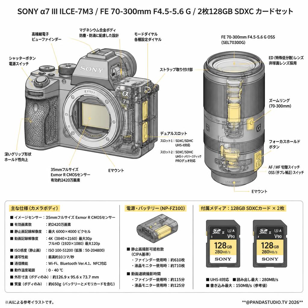 SONY α7 III ILCE-7M3 / FE 70-300mm F4.5-5.6 G / 2枚128GB SDXC カードセット スペック