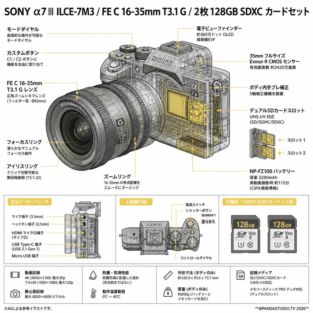SONY α7 III ILCE-7M3 / FE C 16-35mm T3.1 G / 2枚128GB SDXC カードセット スペック