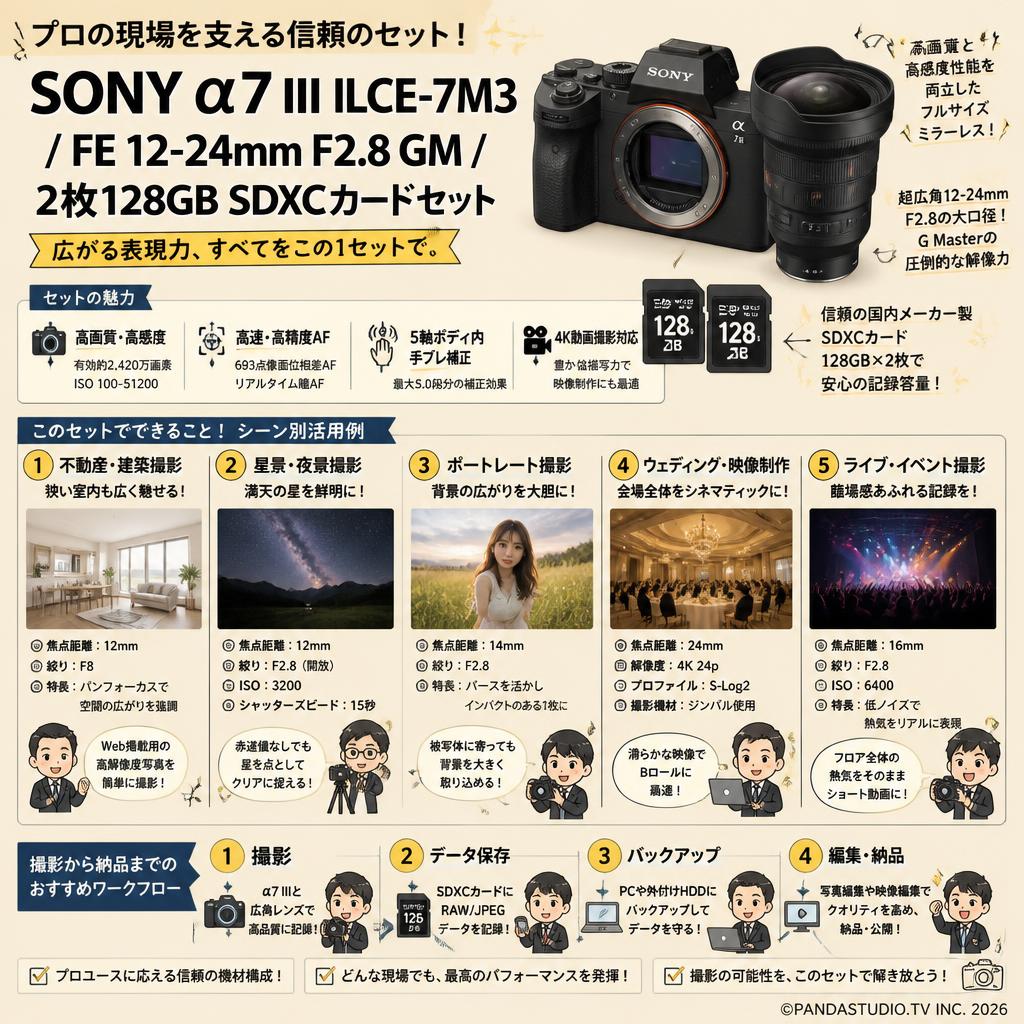 SONY α7 III ILCE-7M3 / FE 12-24mm F2.8 GM / 2枚128GB SDXC カードセット 用途