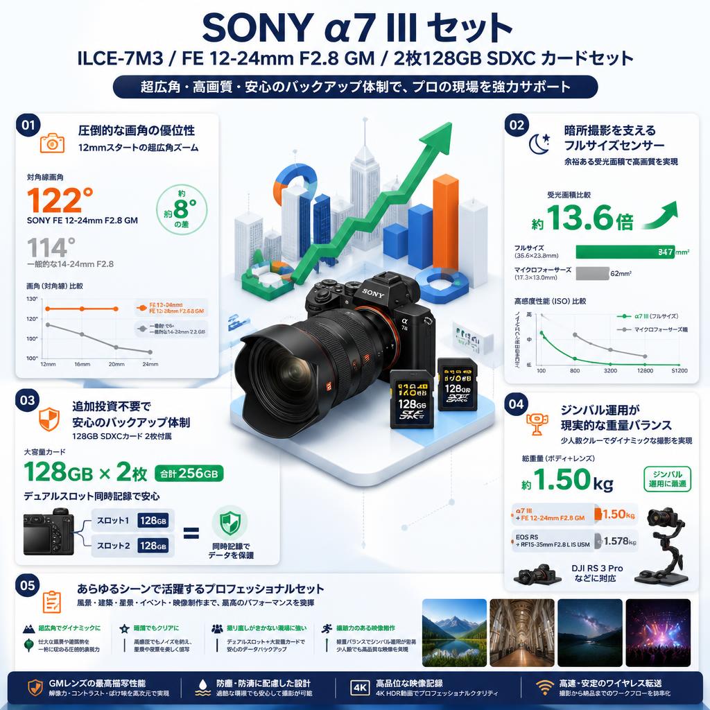 SONY α7 III ILCE-7M3 / FE 12-24mm F2.8 GM / 2枚128GB SDXC カードセット セールスポイント