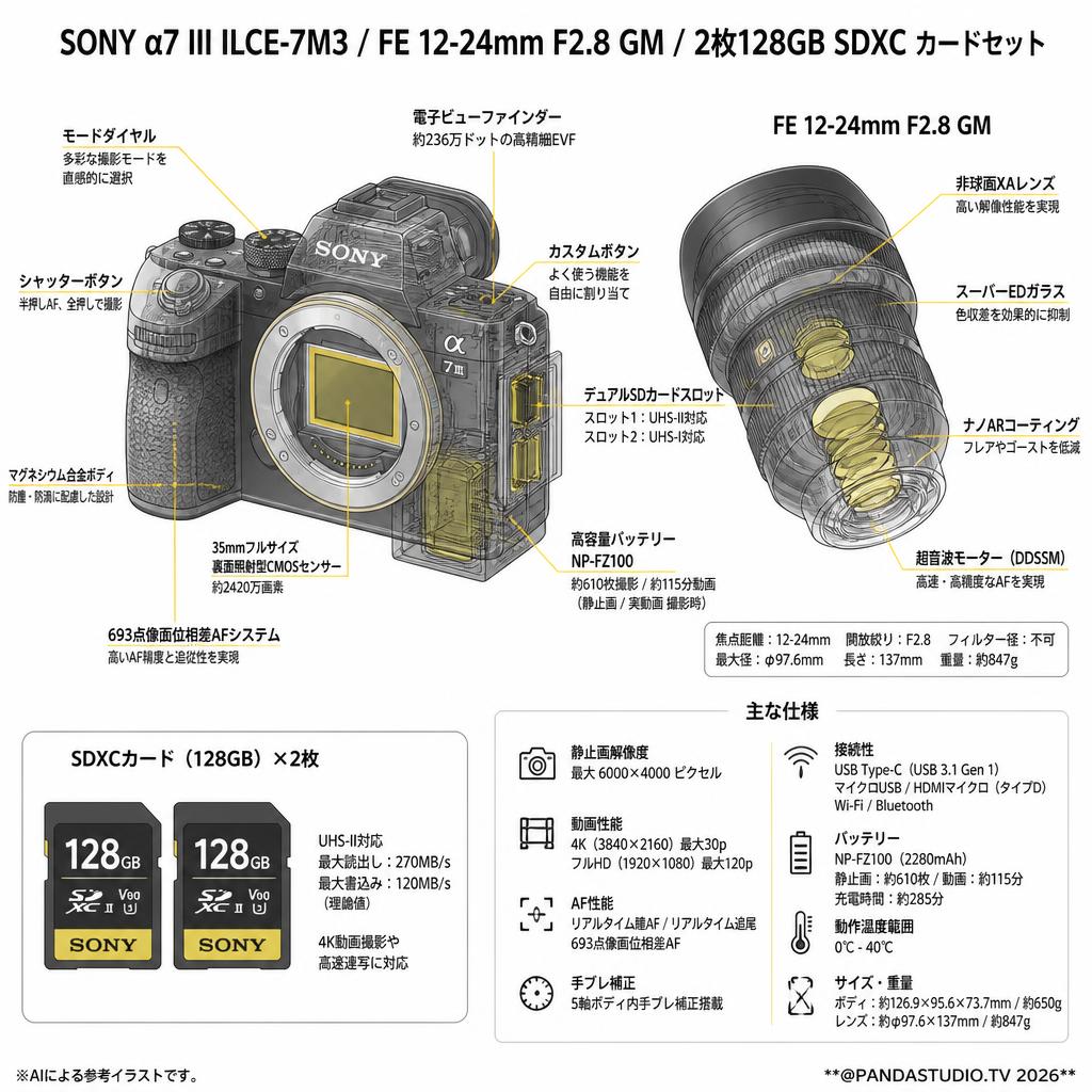 SONY α7 III ILCE-7M3 / FE 12-24mm F2.8 GM / 2枚128GB SDXC カードセット スペック