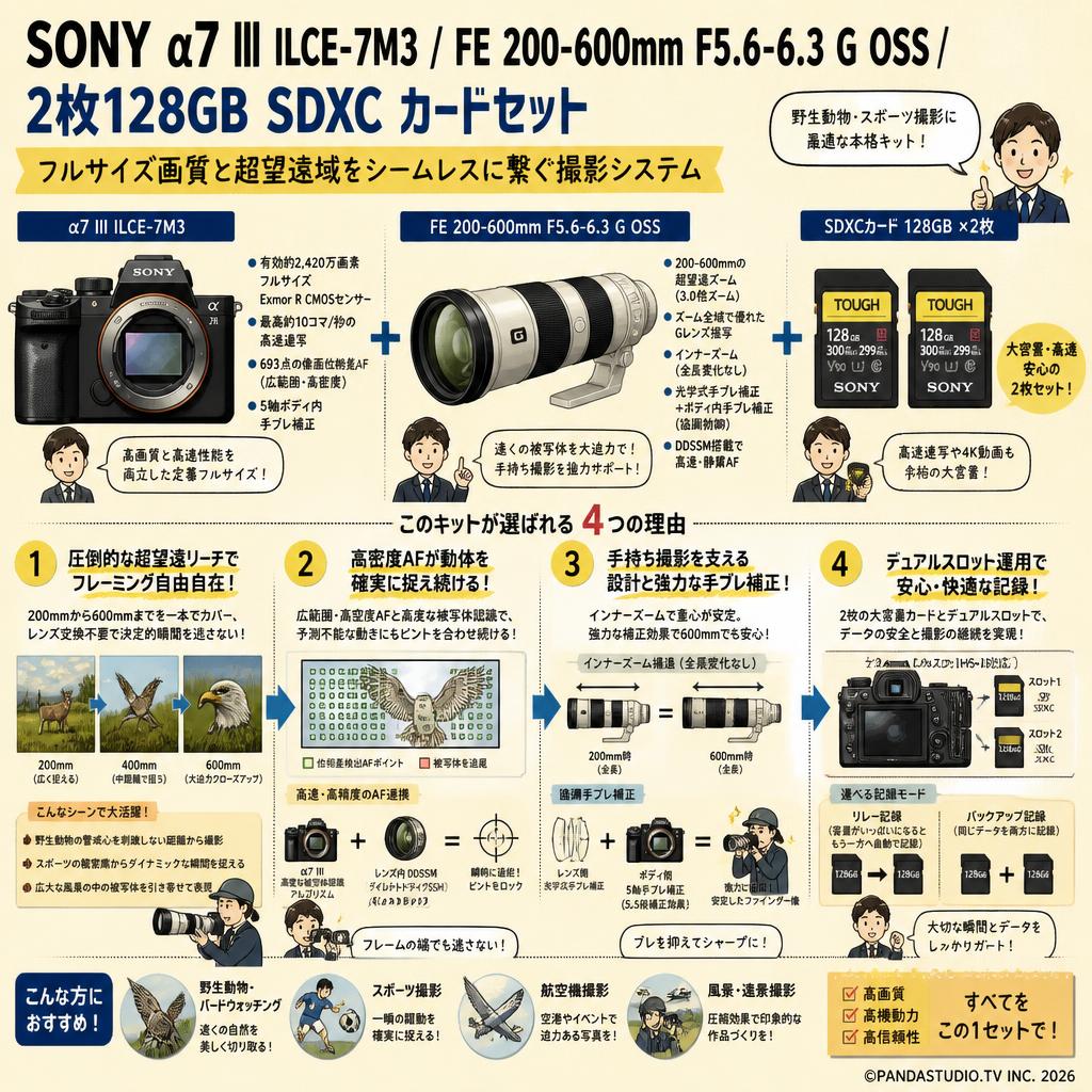 SONY α7 III ILCE-7M3 / FE 200-600mm F5.6-6.3 G OSS / 2枚128GB SDXC カードセット 概要