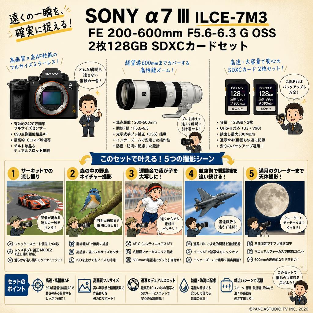 SONY α7 III ILCE-7M3 / FE 200-600mm F5.6-6.3 G OSS / 2枚128GB SDXC カードセット 用途