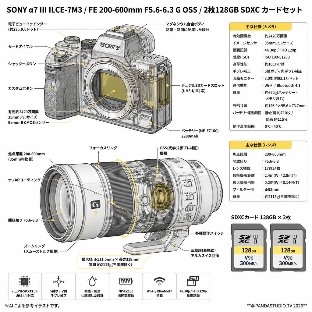 SONY α7 III ILCE-7M3 / FE 200-600mm F5.6-6.3 G OSS / 2枚128GB SDXC カードセット スペック
