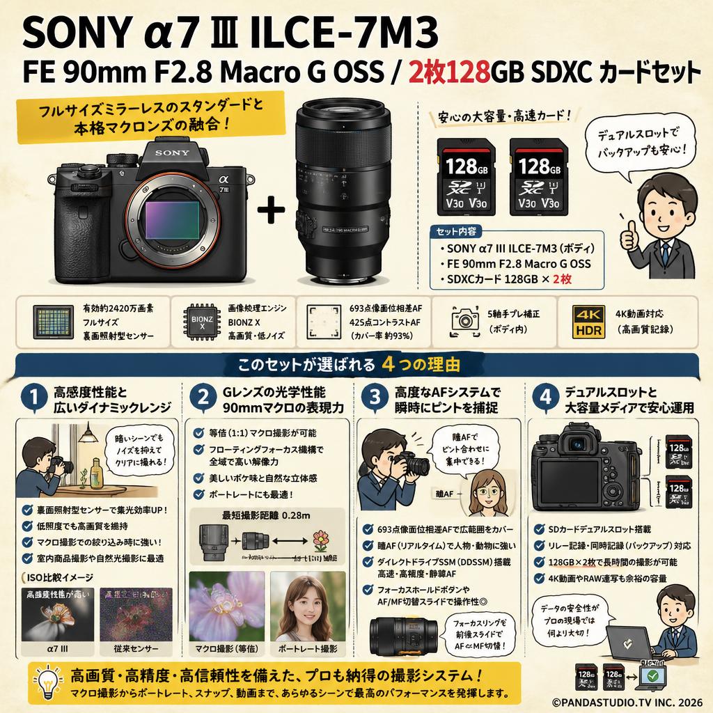 SONY α7 III ILCE-7M3 / FE 90mm F2.8 Macro G OSS / 2枚128GB SDXC カードセット 概要