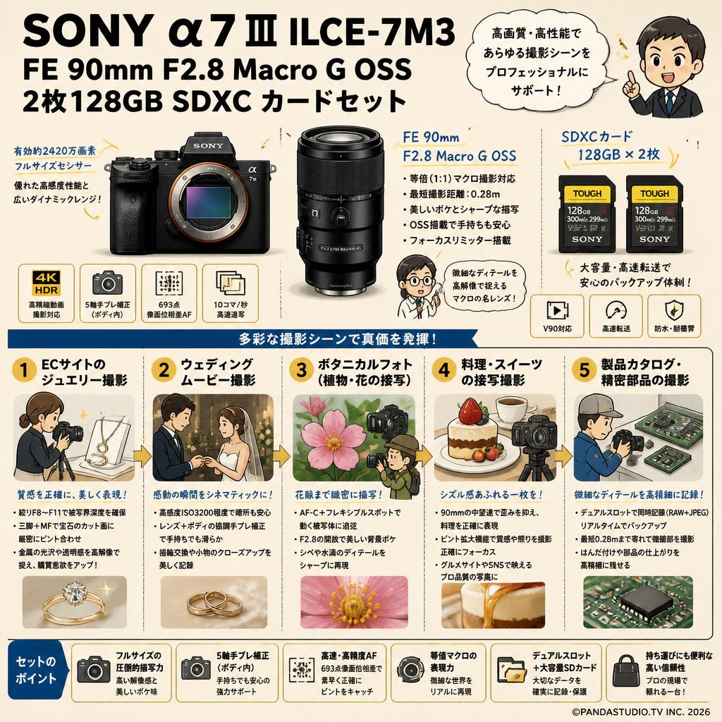 SONY α7 III ILCE-7M3 / FE 90mm F2.8 Macro G OSS / 2枚128GB SDXC カードセット 用途