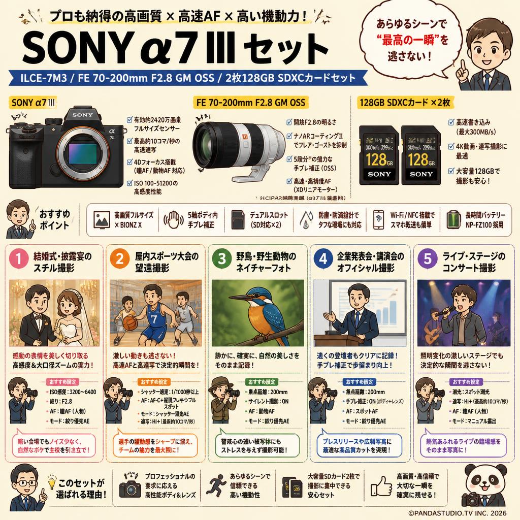 SONY α7 III ILCE-7M3 / FE 70-200mm F2.8 GM OSS / 2枚128GB SDXC カードセット 用途