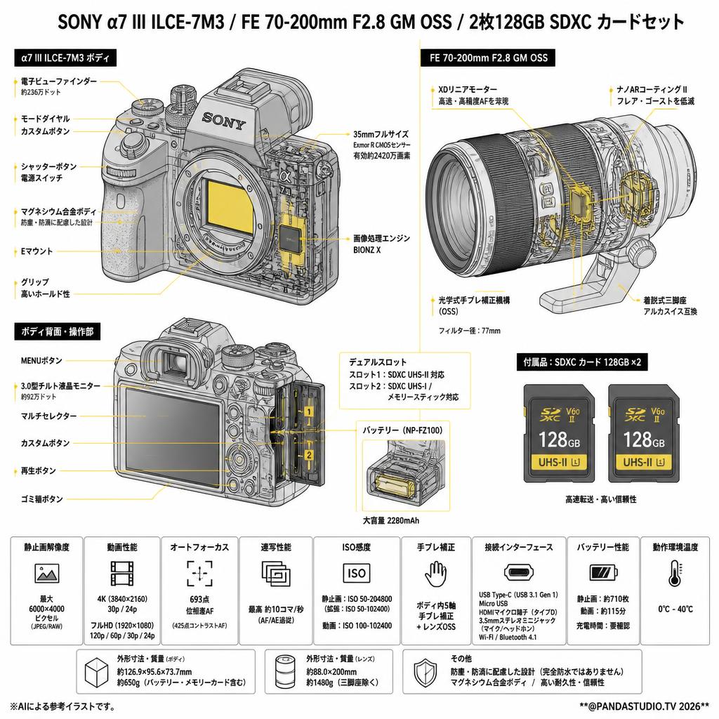SONY α7 III ILCE-7M3 / FE 70-200mm F2.8 GM OSS / 2枚128GB SDXC カードセット スペック