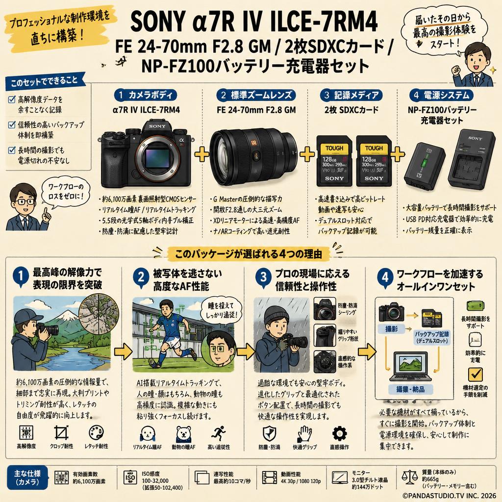 SONY α7R IV ILCE-7RM4 / FE 24-70mm F2.8 GM /  2枚SDXCカード / NP-FZ100バッテリー充電器セット 概要