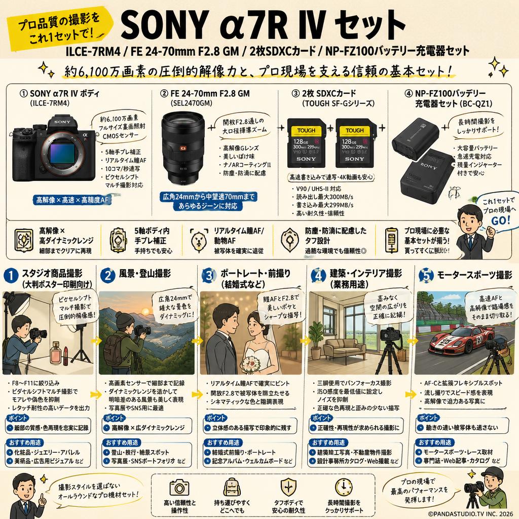 SONY α7R IV ILCE-7RM4 / FE 24-70mm F2.8 GM /  2枚SDXCカード / NP-FZ100バッテリー充電器セット 用途