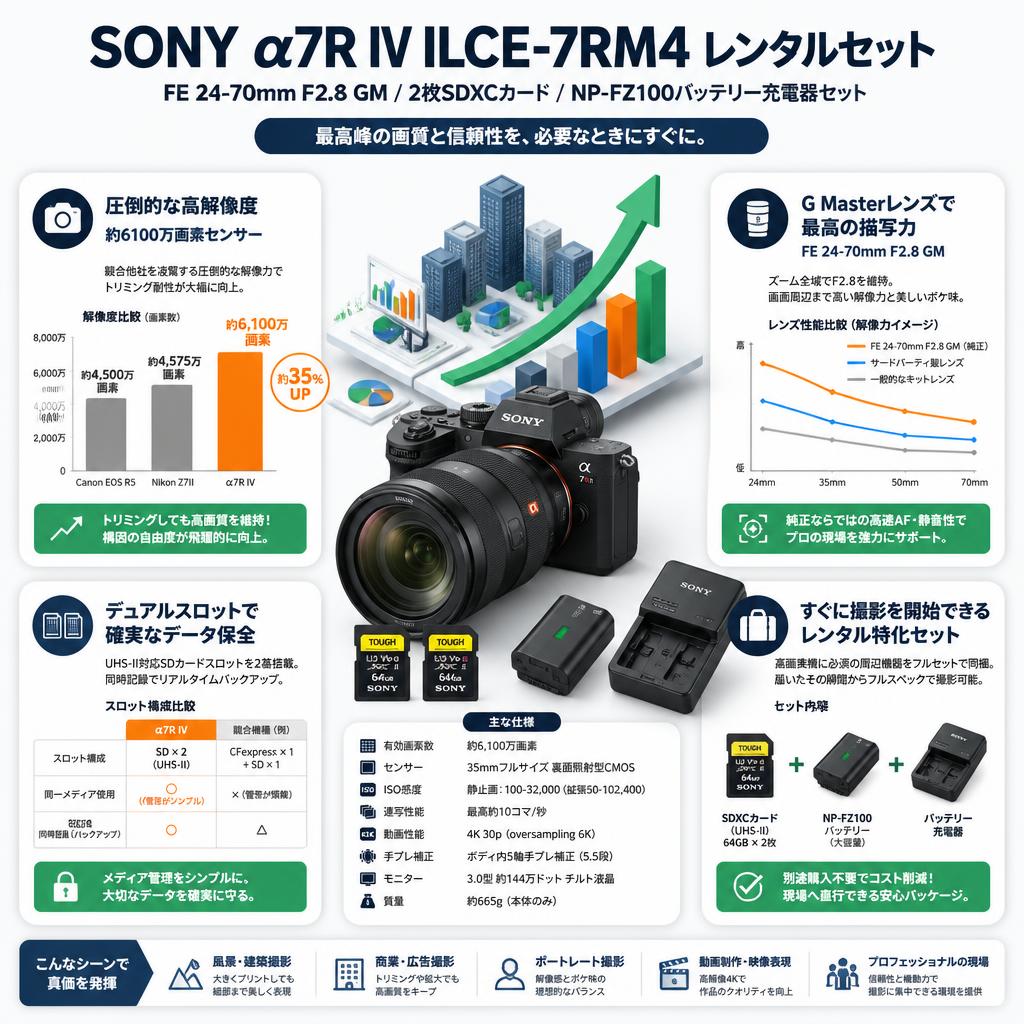SONY α7R IV ILCE-7RM4 / FE 24-70mm F2.8 GM /  2枚SDXCカード / NP-FZ100バッテリー充電器セット セールスポイント