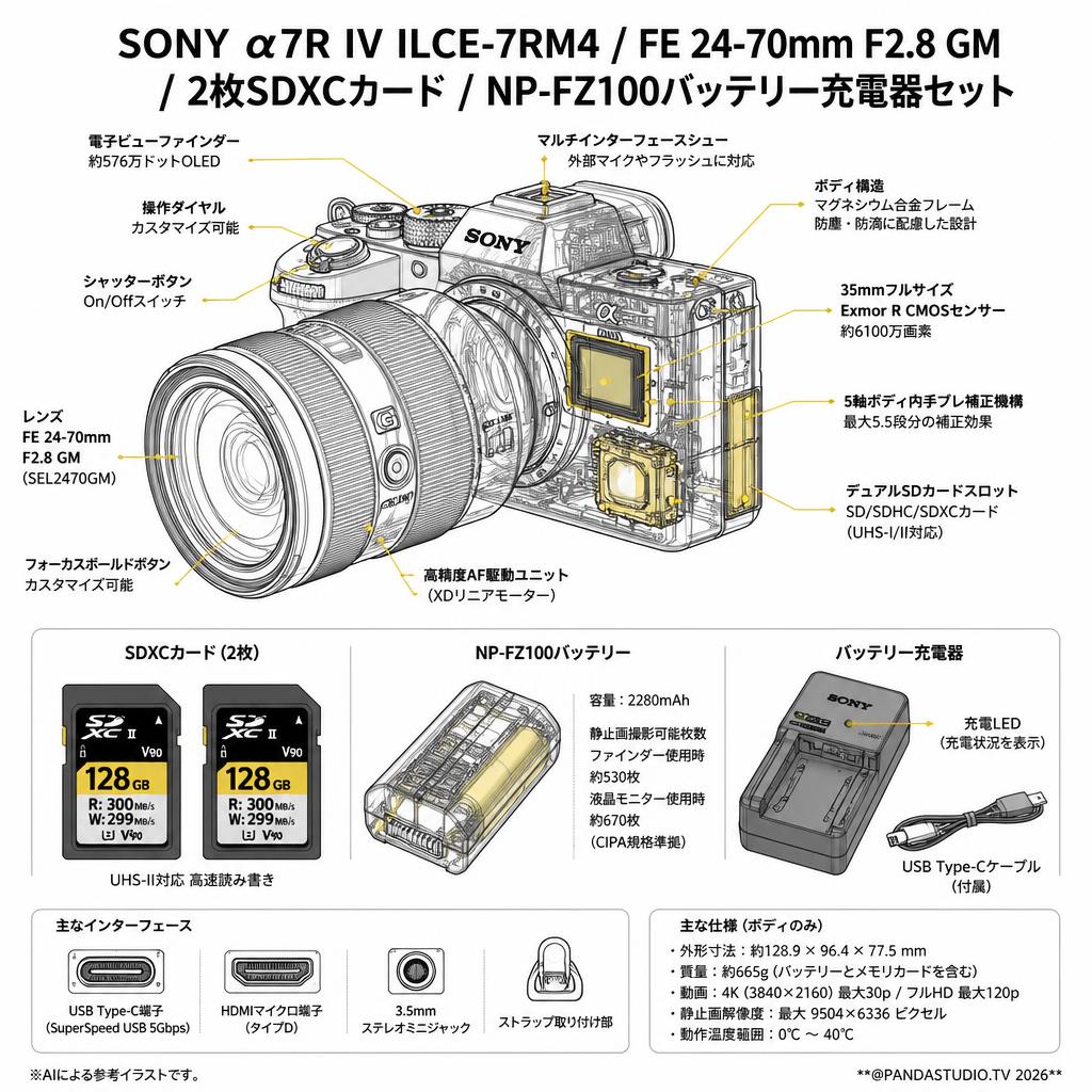 SONY α7R IV ILCE-7RM4 / FE 24-70mm F2.8 GM /  2枚SDXCカード / NP-FZ100バッテリー充電器セット スペック