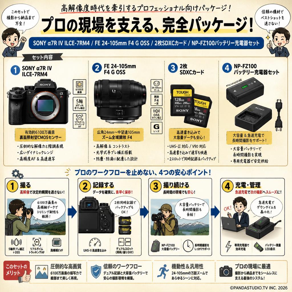 SONY α7R IV ILCE-7RM4 / FE 24-105mm F4 G OSS /  2枚SDXCカード / NP-FZ100バッテリー充電器セット 概要