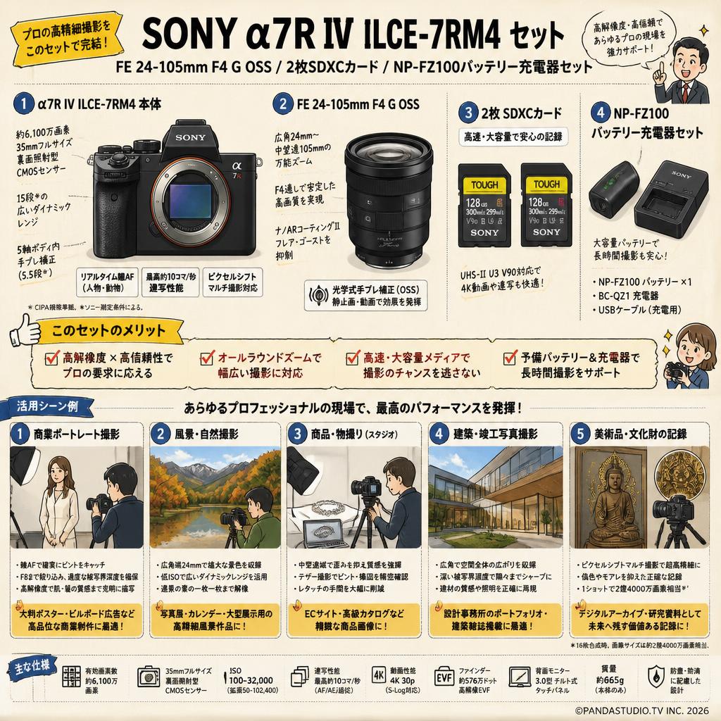 SONY α7R IV ILCE-7RM4 / FE 24-105mm F4 G OSS /  2枚SDXCカード / NP-FZ100バッテリー充電器セット 用途