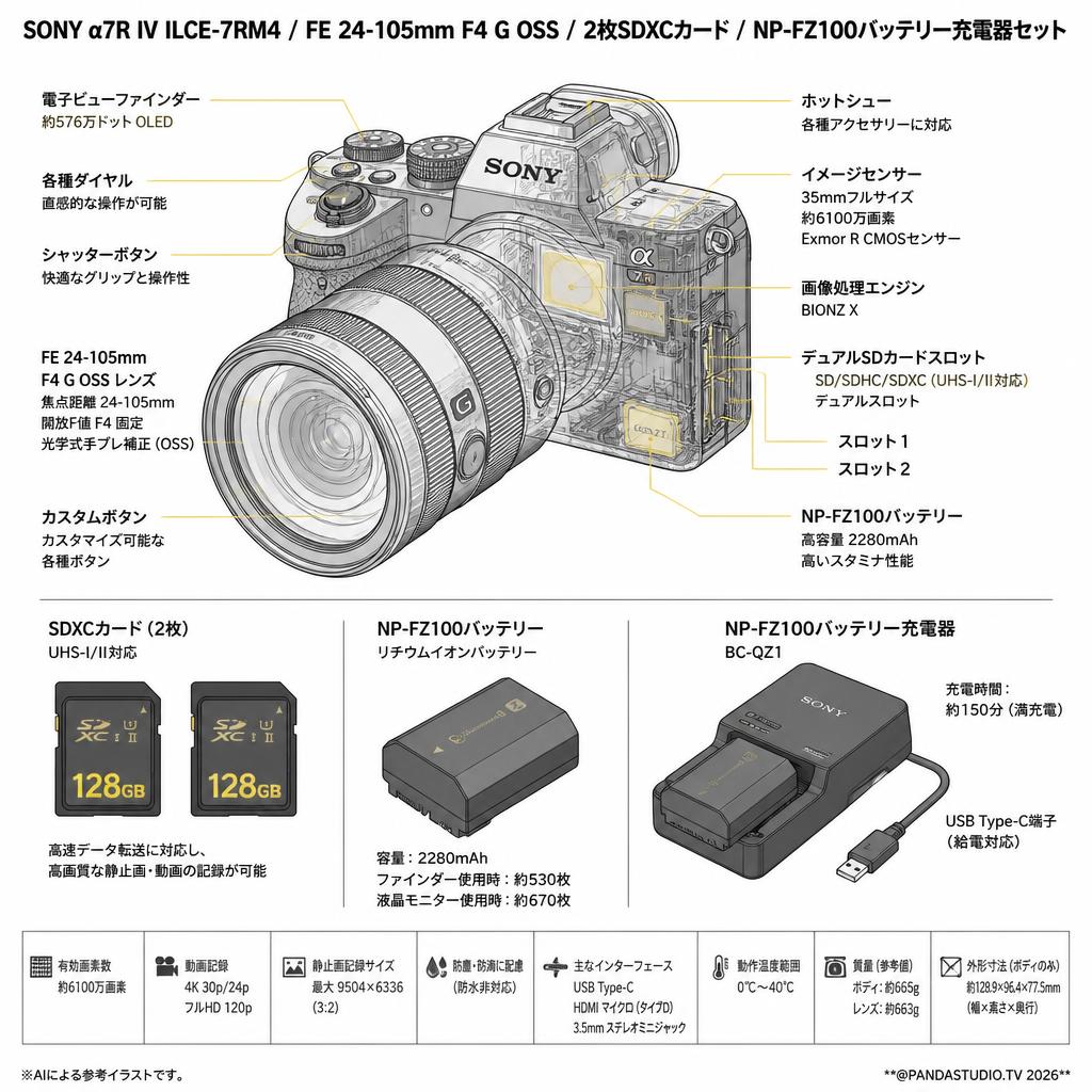 SONY α7R IV ILCE-7RM4 / FE 24-105mm F4 G OSS /  2枚SDXCカード / NP-FZ100バッテリー充電器セット スペック