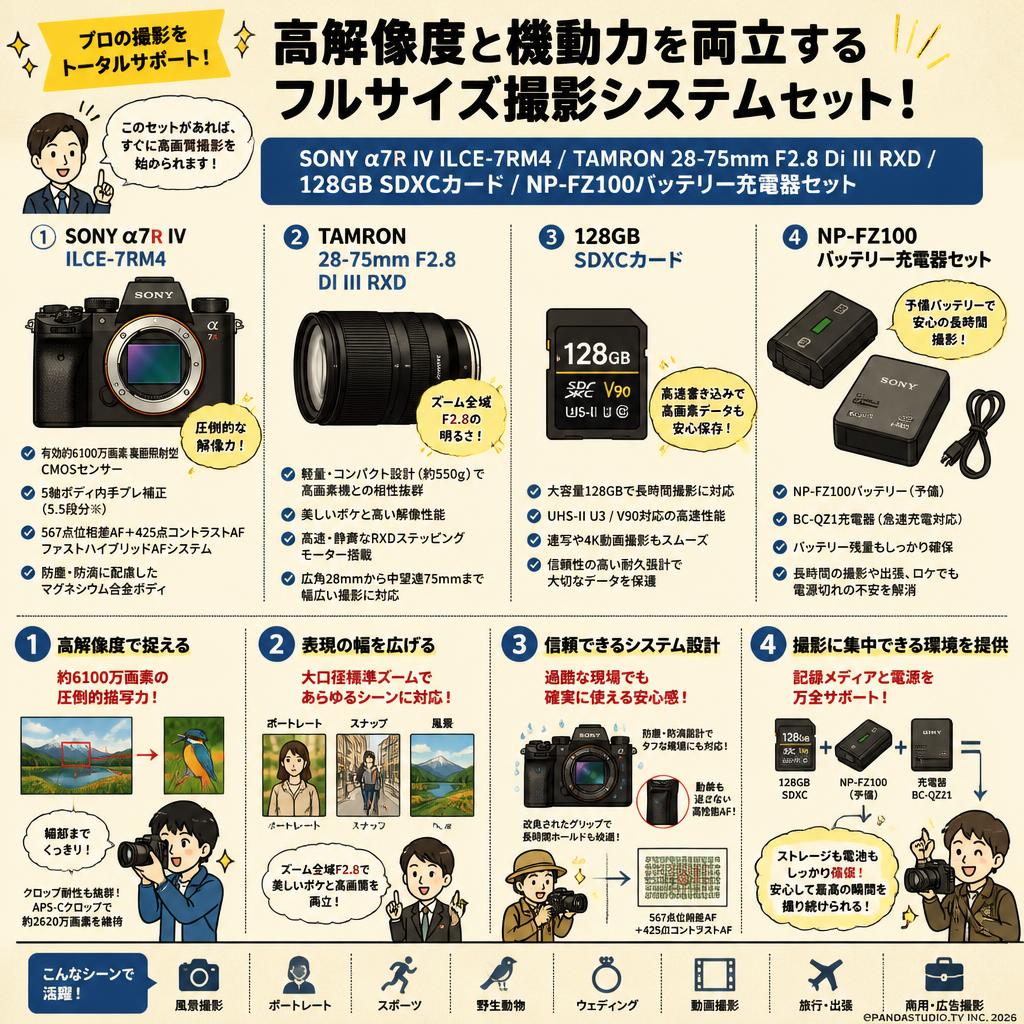 SONY α7R IV ILCE-7RM4 / TAMRON 28-75mm F2.8 Di III RXD /  128GB SDXCカード / NP-FZ100バッテリー充電器セット 概要
