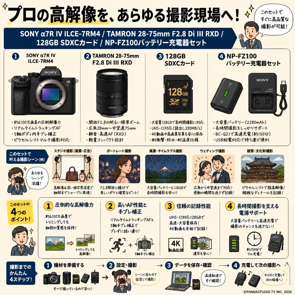 SONY α7R IV ILCE-7RM4 / TAMRON 28-75mm F2.8 Di III RXD /  128GB SDXCカード / NP-FZ100バッテリー充電器セット 用途