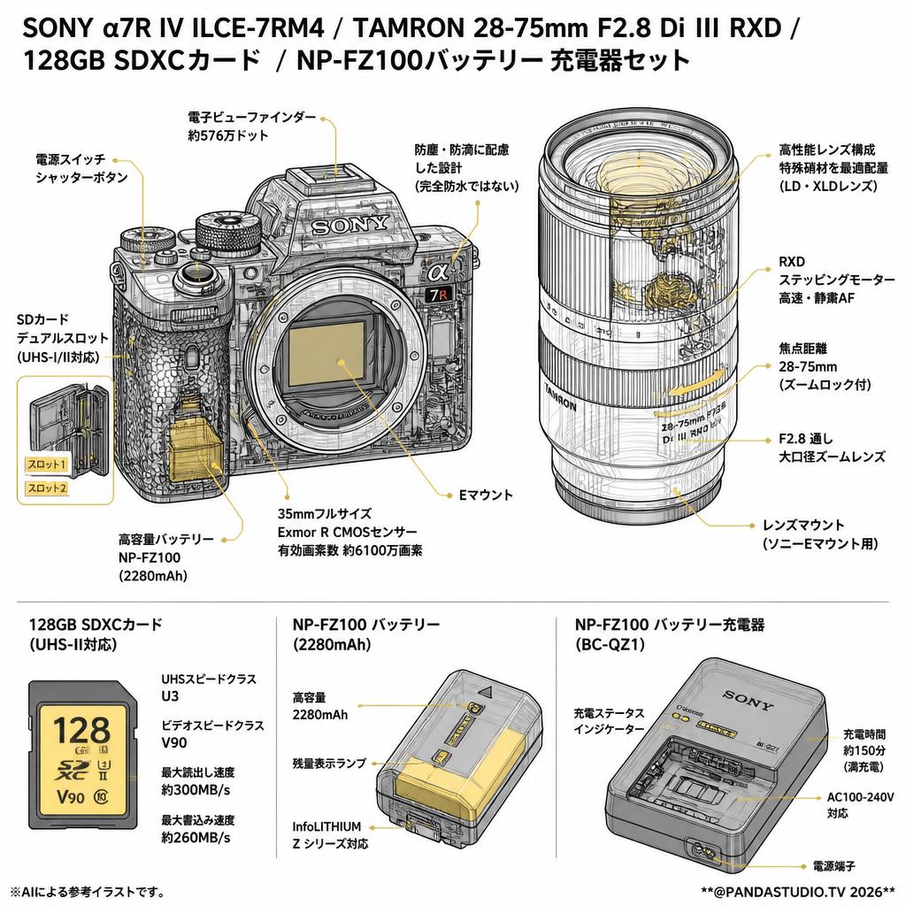 SONY α7R IV ILCE-7RM4 / TAMRON 28-75mm F2.8 Di III RXD /  128GB SDXCカード / NP-FZ100バッテリー充電器セット スペック