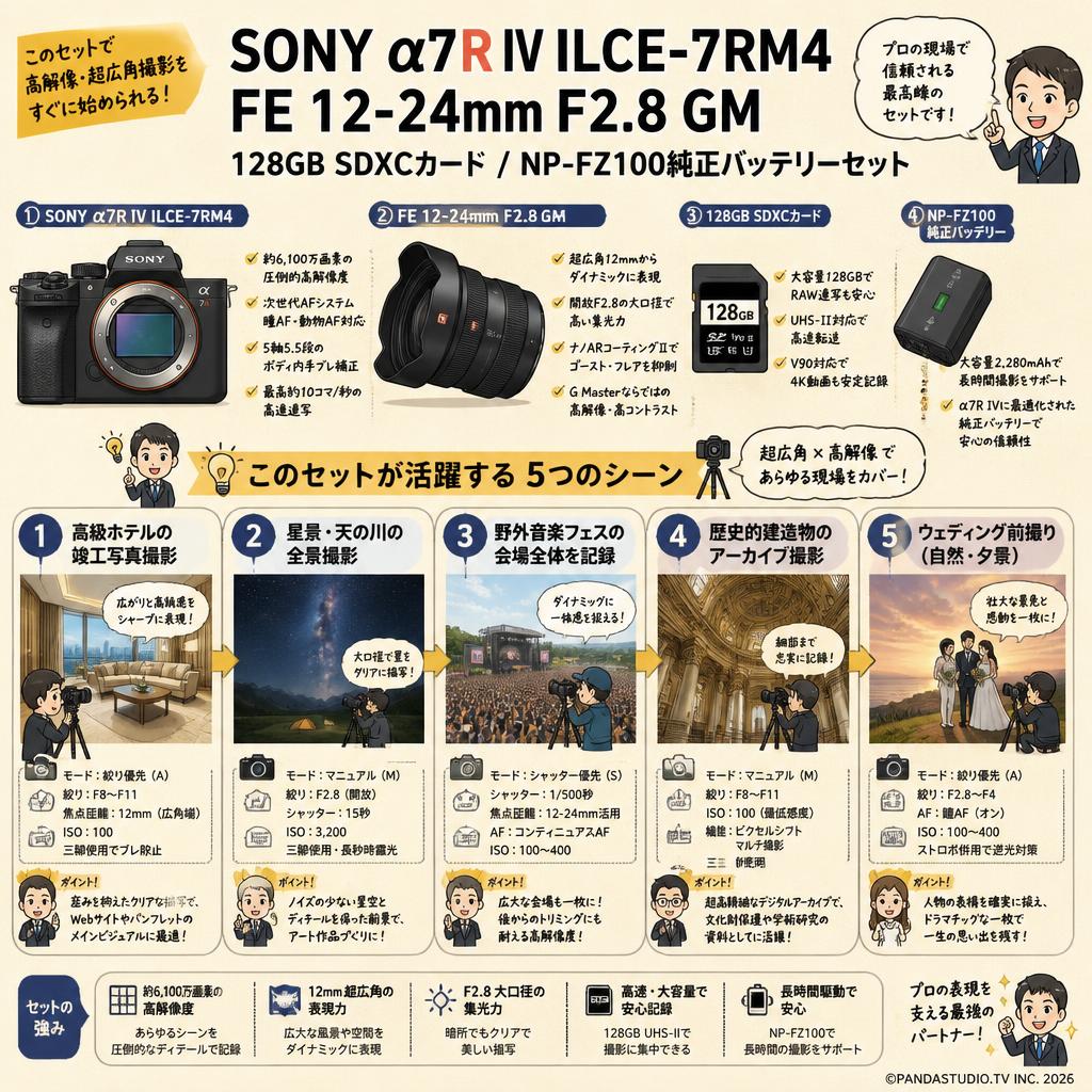 SONY α7R IV ILCE-7RM4 / FE 12-24mm F2.8 GM / 128GB SDXCカード / NP-FZ100純正バッテリーセット 用途