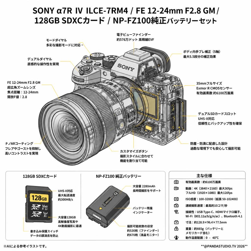 SONY α7R IV ILCE-7RM4 / FE 12-24mm F2.8 GM / 128GB SDXCカード / NP-FZ100純正バッテリーセット スペック