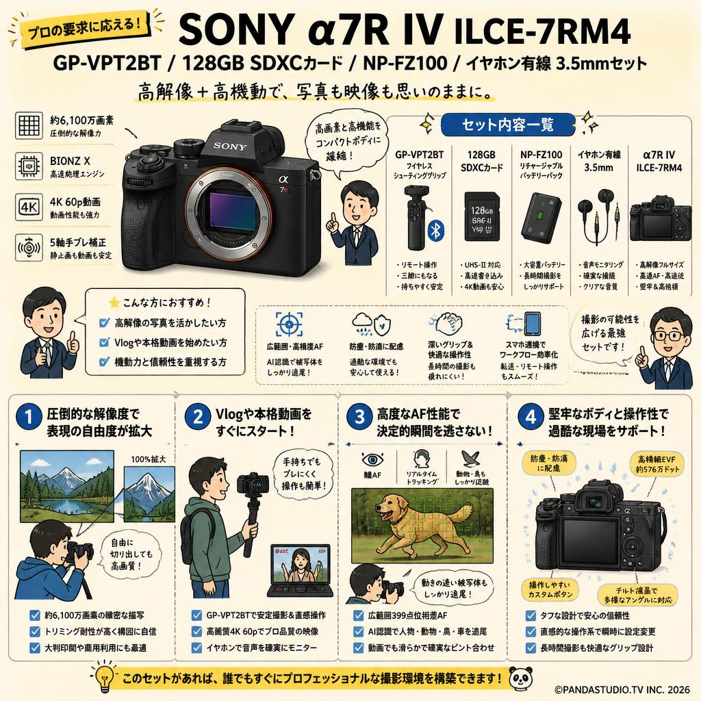 SONY α7R IV ILCE-7RM4 / GP-VPT2BT /  128GB SDXCカード / NP-FZ100 / イヤホン有線 3.5mmセット 概要