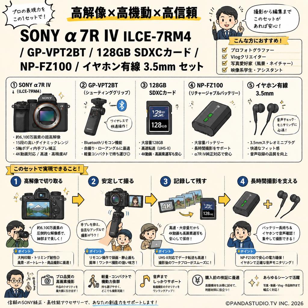 SONY α7R IV ILCE-7RM4 / GP-VPT2BT /  128GB SDXCカード / NP-FZ100 / イヤホン有線 3.5mmセット おもな対象のお客様