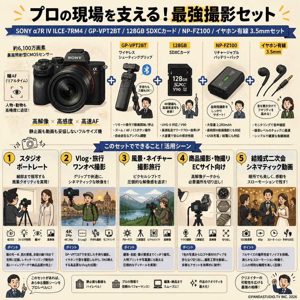 SONY α7R IV ILCE-7RM4 / GP-VPT2BT /  128GB SDXCカード / NP-FZ100 / イヤホン有線 3.5mmセット 用途