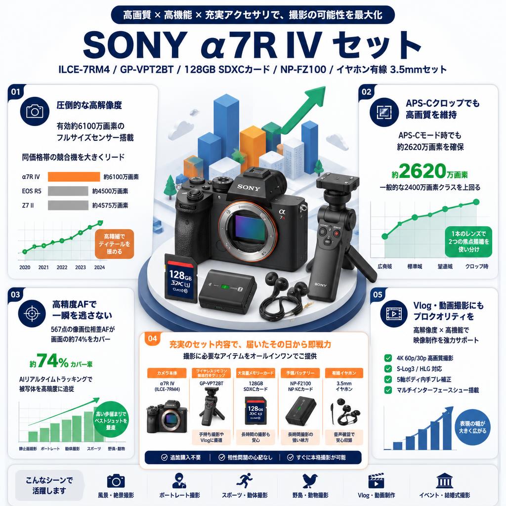 SONY α7R IV ILCE-7RM4 / GP-VPT2BT /  128GB SDXCカード / NP-FZ100 / イヤホン有線 3.5mmセット セールスポイント