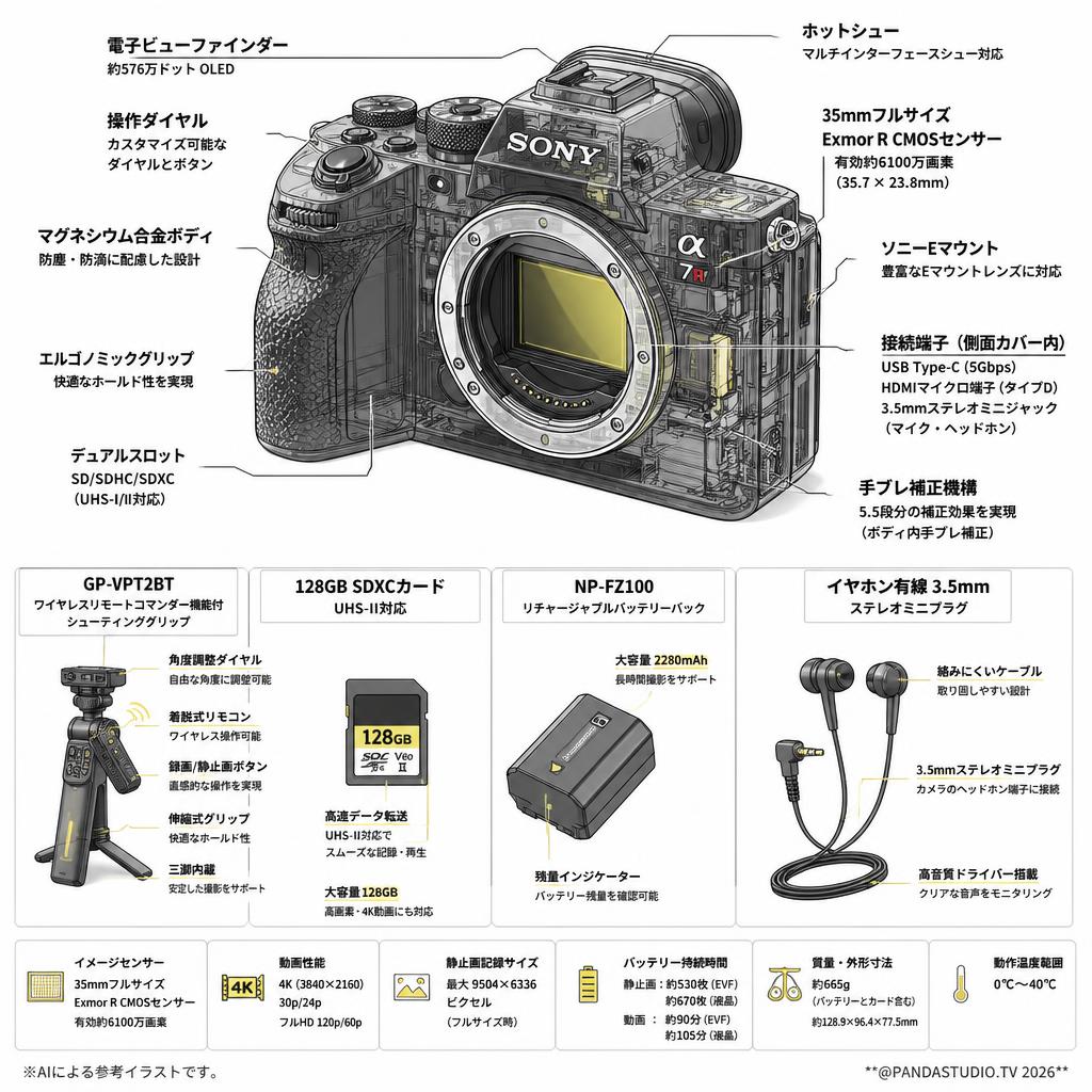 SONY α7R IV ILCE-7RM4 / GP-VPT2BT /  128GB SDXCカード / NP-FZ100 / イヤホン有線 3.5mmセット スペック