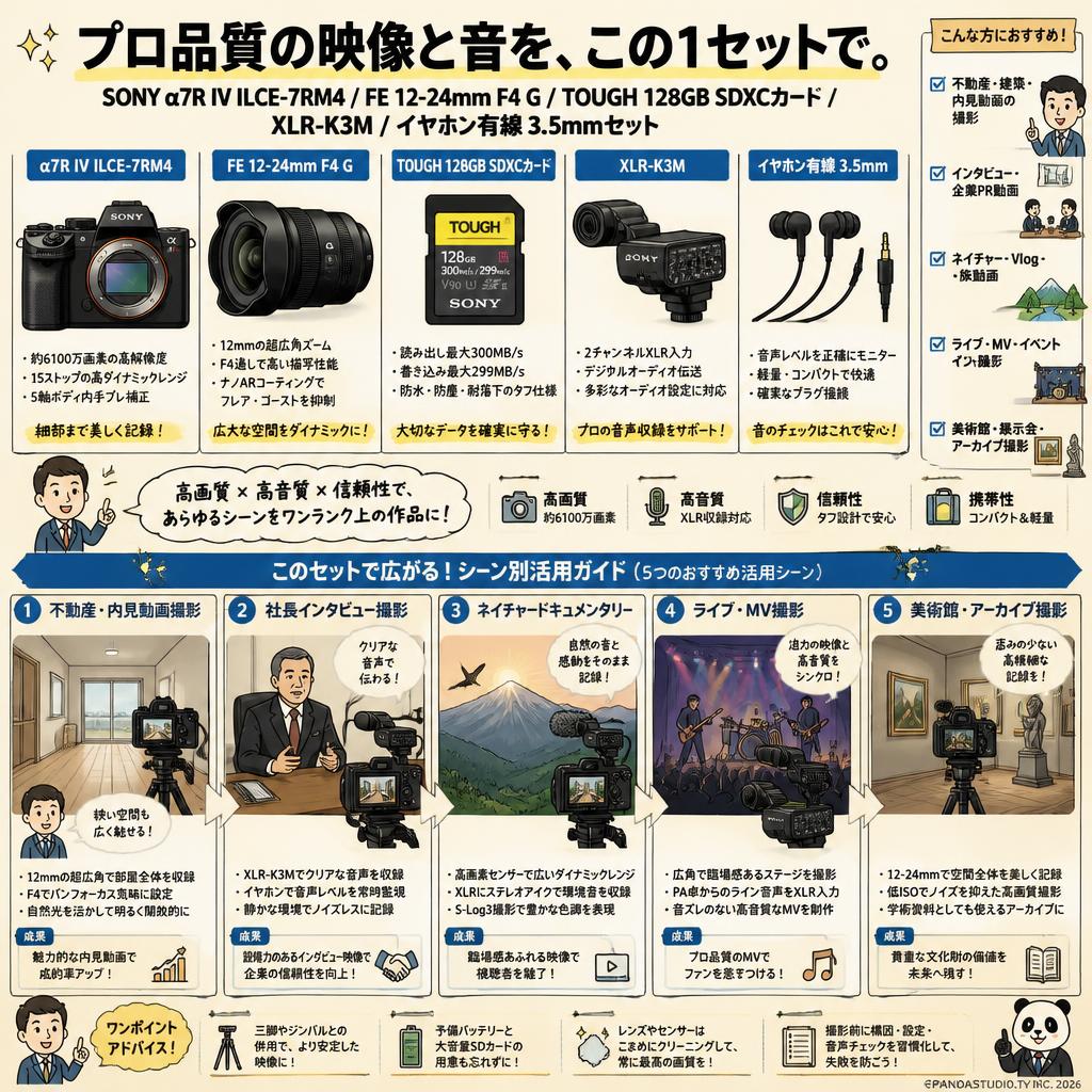 SONY α7R IV ILCE-7RM4 / FE 12-24mm F4 G / TOUGH 128GB SDXCカード / XLR-K3M / イヤホン有線 3.5mmセット 用途