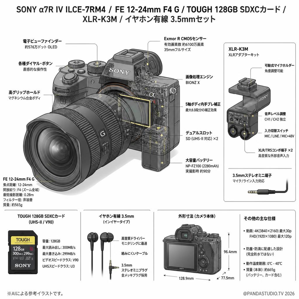 SONY α7R IV ILCE-7RM4 / FE 12-24mm F4 G / TOUGH 128GB SDXCカード / XLR-K3M / イヤホン有線 3.5mmセット スペック