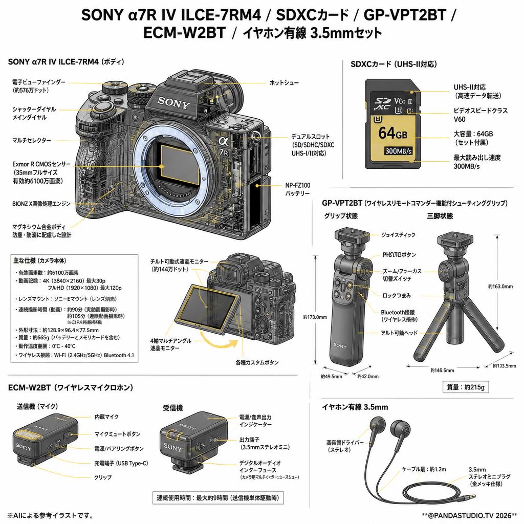 SONY α7R IV ILCE-7RM4 / SDXCカード / GP-VPT2BT / ECM-W2BT / イヤホン有線 3.5mmセット スペック