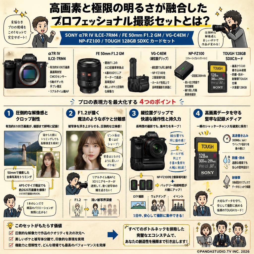 SONY α7R IV ILCE-7RM4 / FE 50mm F1.2 GM / VG-C4EM / NP-FZ100 / TOUGH 128GB SDXC カードセット 概要