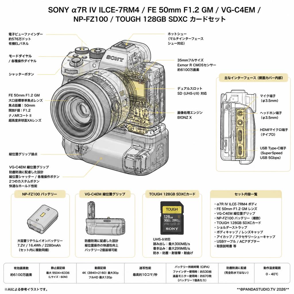 SONY α7R IV ILCE-7RM4 / FE 50mm F1.2 GM / VG-C4EM / NP-FZ100 / TOUGH 128GB SDXC カードセット スペック