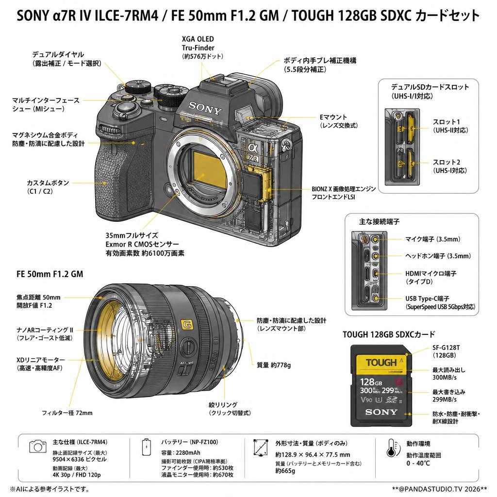 SONY α7R IV ILCE-7RM4 / FE 50mm F1.2 GM / TOUGH 128GB SDXC カードセット スペック
