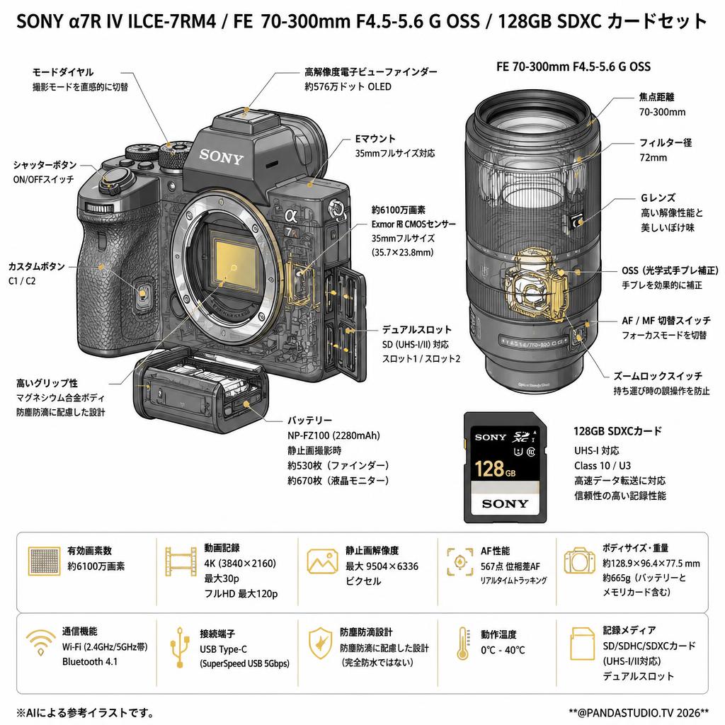 SONY α7R IV ILCE-7RM4 / FE 70-300mm F4.5-5.6 G OSS / 128GB SDXC カードセット スペック