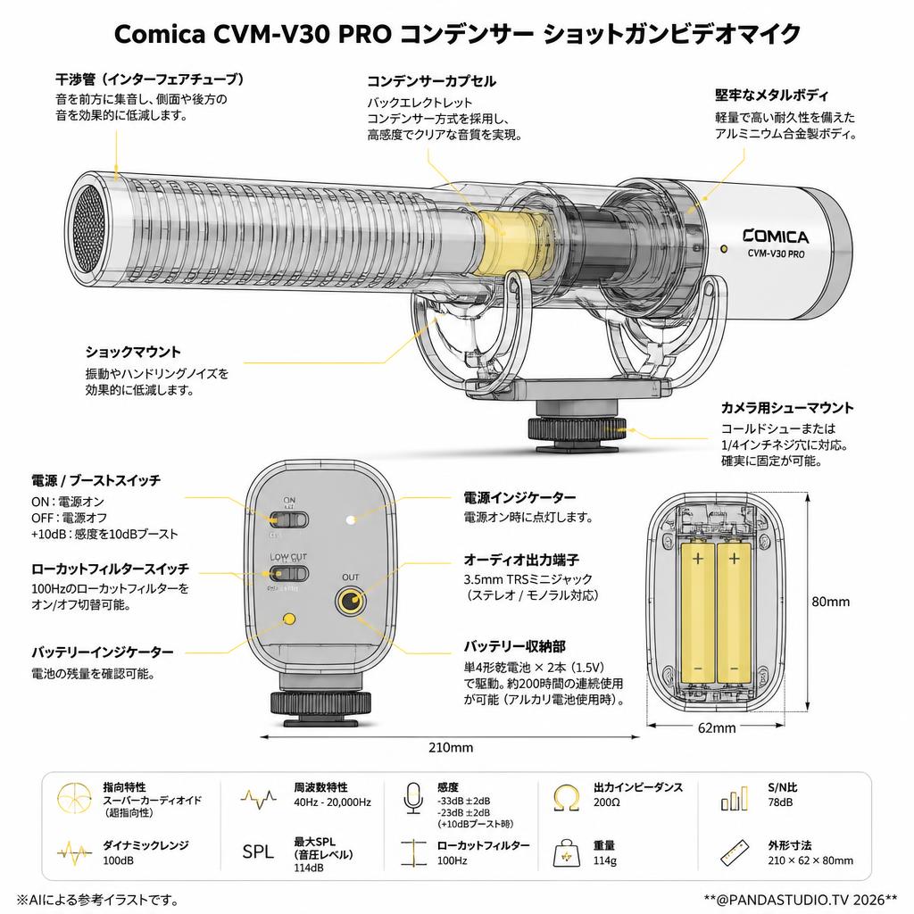 Comica CVM-V30 PRO コンデンサー ショットガンビデオマイク スペック
