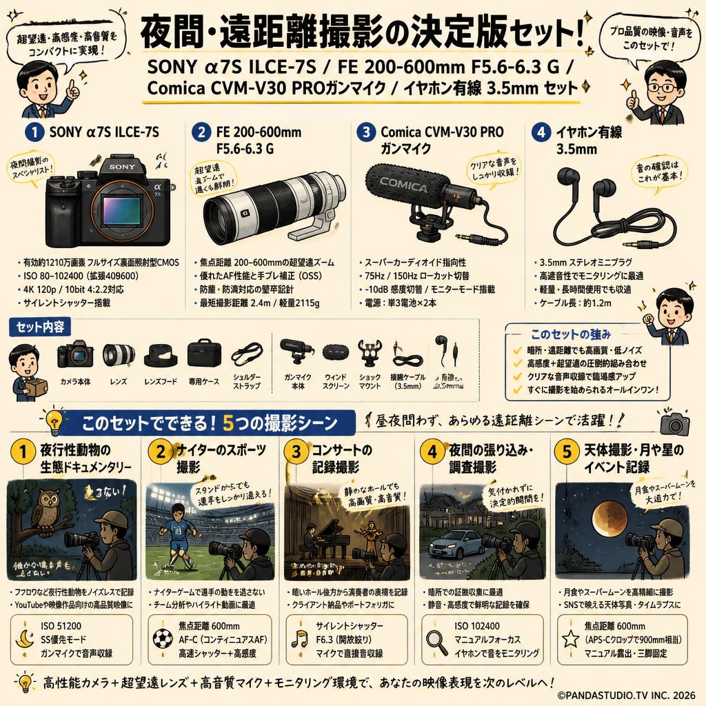 SONY α7S ILCE-7S / FE 200-600mm F5.6-6.3 G / Comica CVM-V30 PROガンマイク / イヤホン有線 3.5mm セット 用途