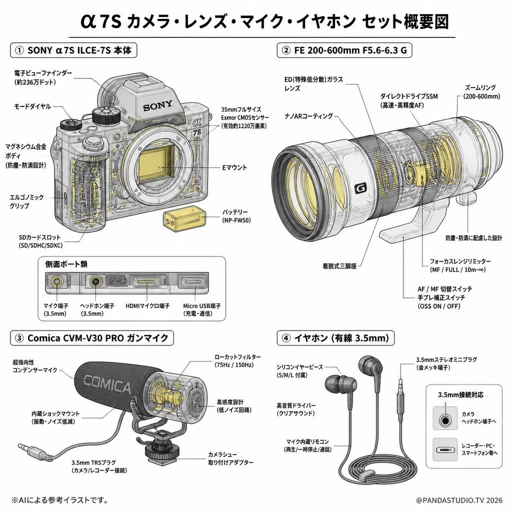 SONY α7S ILCE-7S / FE 200-600mm F5.6-6.3 G / Comica CVM-V30 PROガンマイク / イヤホン有線 3.5mm セット スペック