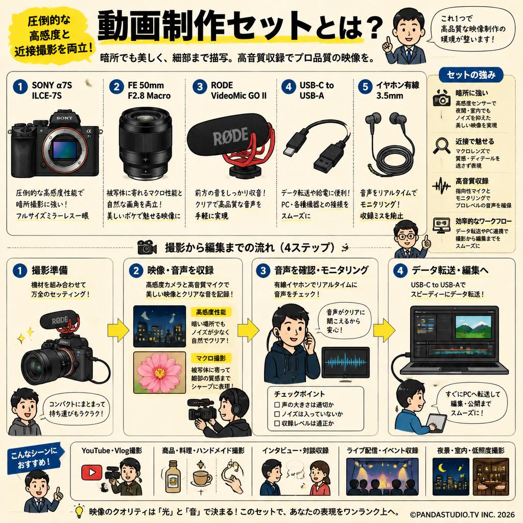 SONY α7S ILCE-7S / FE 50mm F2.8 Macro / RODE VideoMic GO II / USB-C to USB-A / イヤホン有線 3.5mm セット 概要