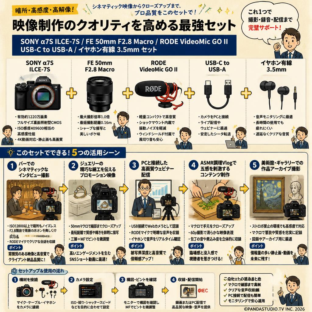 SONY α7S ILCE-7S / FE 50mm F2.8 Macro / RODE VideoMic GO II / USB-C to USB-A / イヤホン有線 3.5mm セット 用途