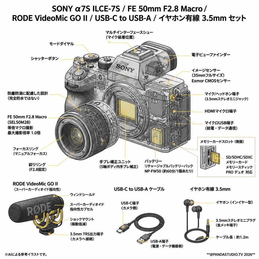 SONY α7S ILCE-7S / FE 50mm F2.8 Macro / RODE VideoMic GO II / USB-C to USB-A / イヤホン有線 3.5mm セット スペック