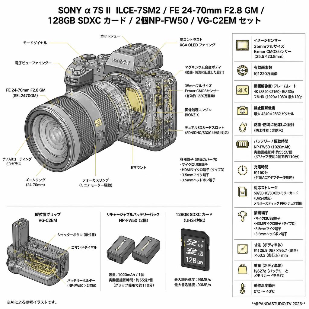 SONY α7S II  ILCE-7SM2 / FE 24-70mm F2.8 GM / 128GB SDXC カード / 2個NP-FW50 / VG-C2EM セット スペック