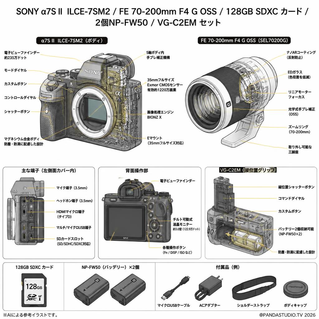 SONY α7S II  ILCE-7SM2 / FE 70-200mm F4 G OSS / 128GB SDXC カード / 2個NP-FW50 / VG-C2EM セット スペック