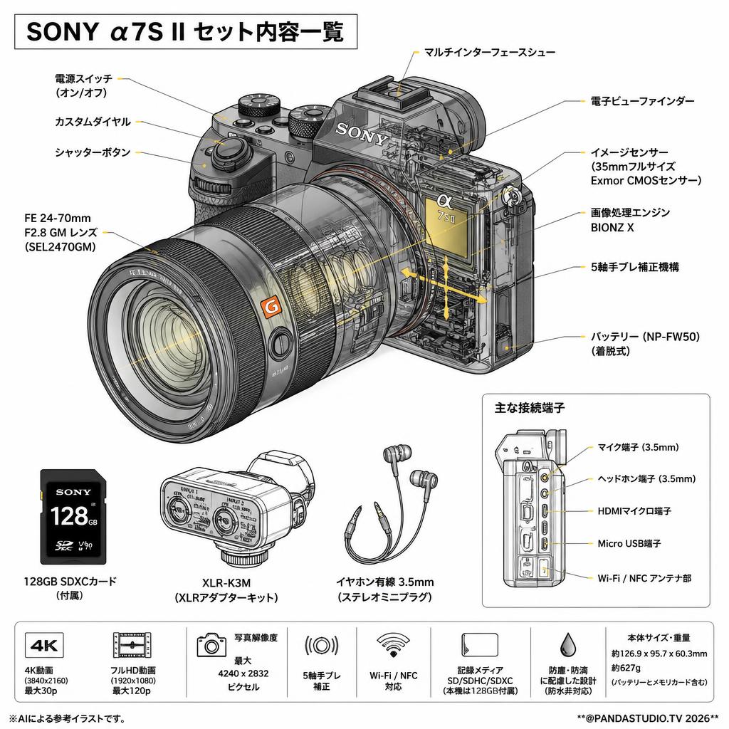 SONY α7S II  ILCE-7SM2 / FE 24-70mm F2.8 GM / 128GB SDXC カード / XLR-K3M / イヤホン有線 3.5mmセット スペック